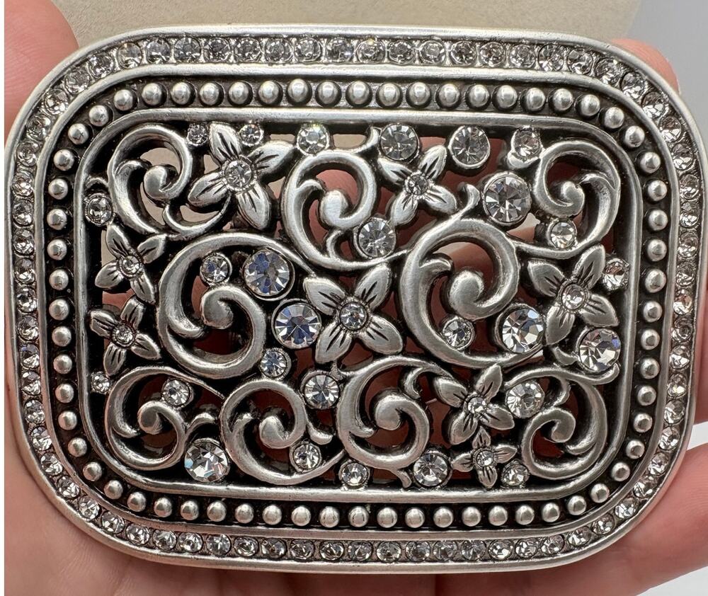 Silver-tone Western Buckle Ornate Floral/Scrollwork Design Rhinestone Accents